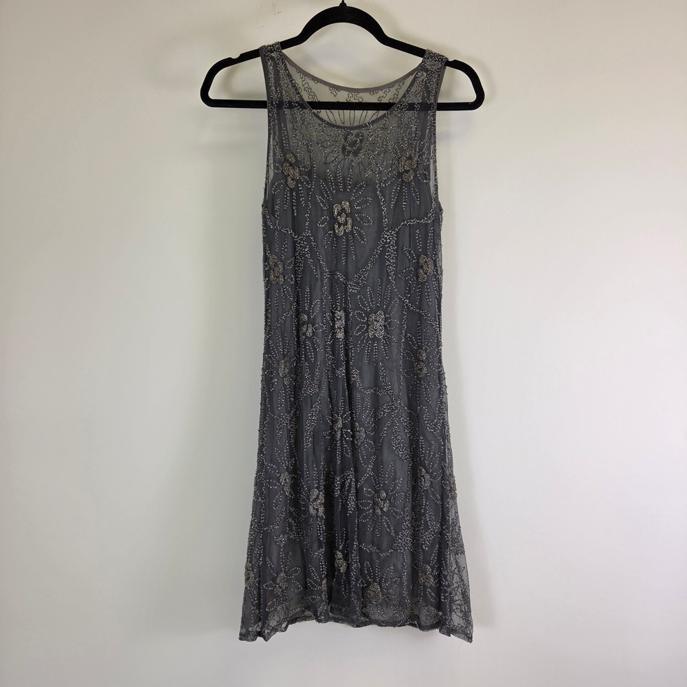 Papell Boutiq Vintage Inspired Beaded Sequin Mesh Dress Grey Art Deco Sleeveless